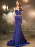 Trumpet/Mermaid Off-the-Shoulder Sleeveless Crystal Sweep/Brush Train Satin Dresses TPP0002328