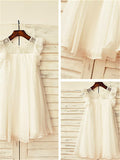 A-line/Princess Scoop Short Sleeves Lace Tea-Length Chiffon Flower Girl Dresses TPP0007691