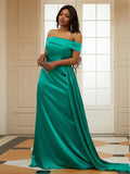 Sheath/Column Silk like Satin Ruffles Off-the-Shoulder Sleeveless Sweep/Brush Train Dresses TPP0001406