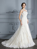 Trumpet/Mermaid Sweetheart Sleeveless Lace Court Train Wedding Dresses TPP0006495