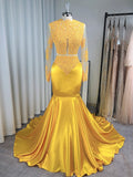 Trumpet/Mermaid High Neck Long Sleeves Sweep/Brush Train Applique Satin Dresses TPP0004585