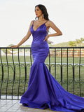 Trumpet/Mermaid Satin Ruffles V-neck Sleeveless Sweep/Brush Train Dresses TPP0001576