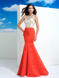 Trumpet/Mermaid Sheer Neck Beading Sleeveless Long Satin Dresses TPP0003546