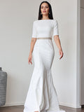 Sheath/Column Stretch Crepe Ruched Scoop 1/2 Sleeves Sweep/Brush Train Wedding Dresses TPP0007027