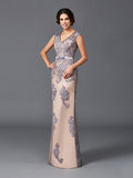 Sheath/Column Straps Applique Sleeveless Long Satin Dresses TPP0009066