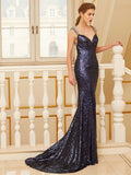 Sheath/Column V-neck Sleeveless Sweep/Brush Train Beading Sequins Dresses TPP0003573