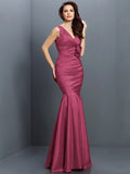 Trumpet/Mermaid V-neck Hand-Made Flower Sleeveless Long Taffeta Bridesmaid Dresses TPP0005170