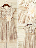 A-line/Princess Scoop Short Sleeves Hand-made Flower Tea-Length Lace Flower Girl Dresses TPP0007728