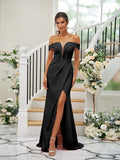 Sheath/Column Stretch Crepe Ruched Off-the-Shoulder Sleeveless Sweep/Brush Train Bridesmaid Dresses TPP0004926