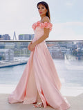 A-Line/Princess Satin Off-the-Shoulder Sleeveless Hand-Made Flower Sweep/Brush Train Dresses TPP0001505