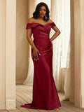 Sheath/Column Satin Ruched Off-the-Shoulder Sleeveless Sweep/Brush Train Bridesmaid Dresses TPP0004959