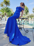 Trumpet/Mermaid Satin Ruffles Sleeveless Off-the-Shoulder Sweep/Brush Train Dresses TPP0001478