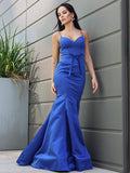 Trumpet/Mermaid Satin Ruffles Spaghetti Straps Sleeveless Sweep/Brush Train Dresses TPP0001683