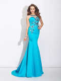 Trumpet/Mermaid Scoop Applique Sleeveless Long Satin Dresses TPP0002907