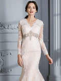 Trumpet/Mermaid V-Neck Beading Long Sleeves Sweep/Brush Train Tulle Wedding Dresses TPP0006655