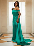 Sheath/Column Silk like Satin Ruffles Off-the-Shoulder Sleeveless Sweep/Brush Train Dresses TPP0001406