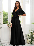 A-Line/Princess Silk like Satin Sash/Ribbon/Belt V-neck Short Sleeves Floor-Length Bridesmaid Dresses TPP0004897