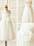 A-line/Princess Scoop Sleeveless Tea-Length Hand-made Flower Tulle Flower Girl Dresses TPP0007745