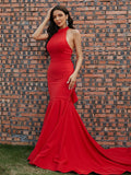 Trumpet/Mermaid Stretch Crepe Ruffles Halter Sleeveless Sweep/Brush Train Dresses TPP0001500