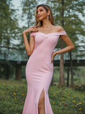 Sheath/Column Stretch Crepe Ruched Off-the-Shoulder Sleeveless Sweep/Brush Train Bridesmaid Dresses TPP0005007