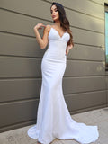 Sheath/Column Stretch Crepe Lace V-neck Sleeveless Sweep/Brush Train Wedding Dresses TPP0007018