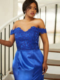 Sheath/Column Silk like Satin Applique Off-the-Shoulder Sleeveless Sweep/Brush Train Bridesmaid Dresses TPP0004990