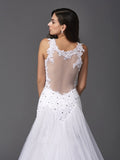 Trumpet/Mermaid Straps Beading Sleeveless Long Net Wedding Dresses TPP0006774