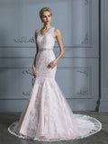 Trumpet/Mermaid V-neck Sleeveless Applique Tulle Court Train Wedding Dresses TPP0006470