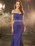 Trumpet/Mermaid Off-the-Shoulder Sleeveless Crystal Sweep/Brush Train Satin Dresses TPP0002328