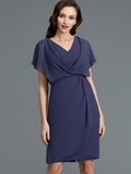 Sheath/Column V-neck Short Sleeves Chiffon Knee-Length Mother of the Bride Dresses TPP0007259