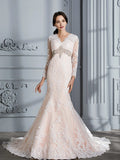 Trumpet/Mermaid V-Neck Beading Long Sleeves Sweep/Brush Train Tulle Wedding Dresses TPP0006655