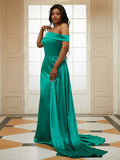 Sheath/Column Silk like Satin Ruffles Off-the-Shoulder Sleeveless Sweep/Brush Train Dresses TPP0001406