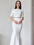 Sheath/Column Stretch Crepe Ruched Scoop 1/2 Sleeves Sweep/Brush Train Wedding Dresses TPP0007027