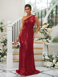 Sheath/Column Sequins Ruched One-Shoulder Sleeveless Sweep/Brush Train Bridesmaid Dresses TPP0004900