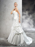 Sheath/Column Strapless Pleats Sleeveless Long Satin Wedding Dresses TPP0006965