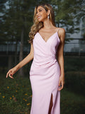 Sheath/Column Stretch Crepe Ruched V-neck Sleeveless Sweep/Brush Train Bridesmaid Dresses TPP0005013