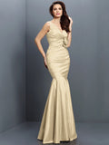 Trumpet/Mermaid V-neck Hand-Made Flower Sleeveless Long Taffeta Bridesmaid Dresses TPP0005170