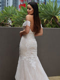 Trumpet/Mermaid Tulle Applique Off-the-Shoulder Sleeveless Sweep/Brush Train Wedding Dresses TPP0006311