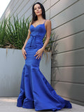 Trumpet/Mermaid Satin Ruffles Spaghetti Straps Sleeveless Sweep/Brush Train Dresses TPP0001683