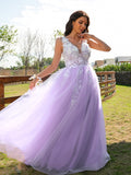 A-Line/Princess Tulle Applique V-neck Sleeveless Floor-Length Dresses TPP0001418