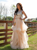 A-Line/Princess Tulle Beading Scoop Sleeveless Floor-Length Two Piece Dresses TPP0001419