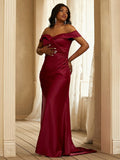 Sheath/Column Satin Ruched Off-the-Shoulder Sleeveless Sweep/Brush Train Bridesmaid Dresses TPP0004959