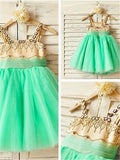 A-line/Princess Spaghetti Straps Sleeveless Beading Tea-Length Tulle Flower Girl Dresses TPP0007723