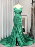 Trumpet/Mermaid Satin Ruffles Spaghetti Straps Sleeveless Sweep/Brush Train Dresses TPP0004814