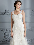 Trumpet/Mermaid Sweetheart Sleeveless Lace Court Train Wedding Dresses TPP0006495