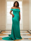 Sheath/Column Silk like Satin Ruffles Off-the-Shoulder Sleeveless Sweep/Brush Train Dresses TPP0001406