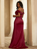 Sheath/Column Satin Ruched Off-the-Shoulder Sleeveless Sweep/Brush Train Bridesmaid Dresses TPP0004959