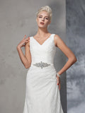 Trumpet/Mermaid V-neck Lace Sleeveless Long Lace Wedding Dresses TPP0006721