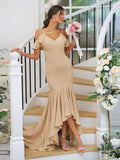 Trumpet/Mermaid Jersey Ruffles V-neck Sleeveless Asymmetrical Bridesmaid Dresses TPP0004937