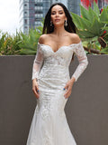 Trumpet/Mermaid Tulle Applique Off-the-Shoulder Long Sleeves Sweep/Brush Train Wedding Dresses TPP0006069